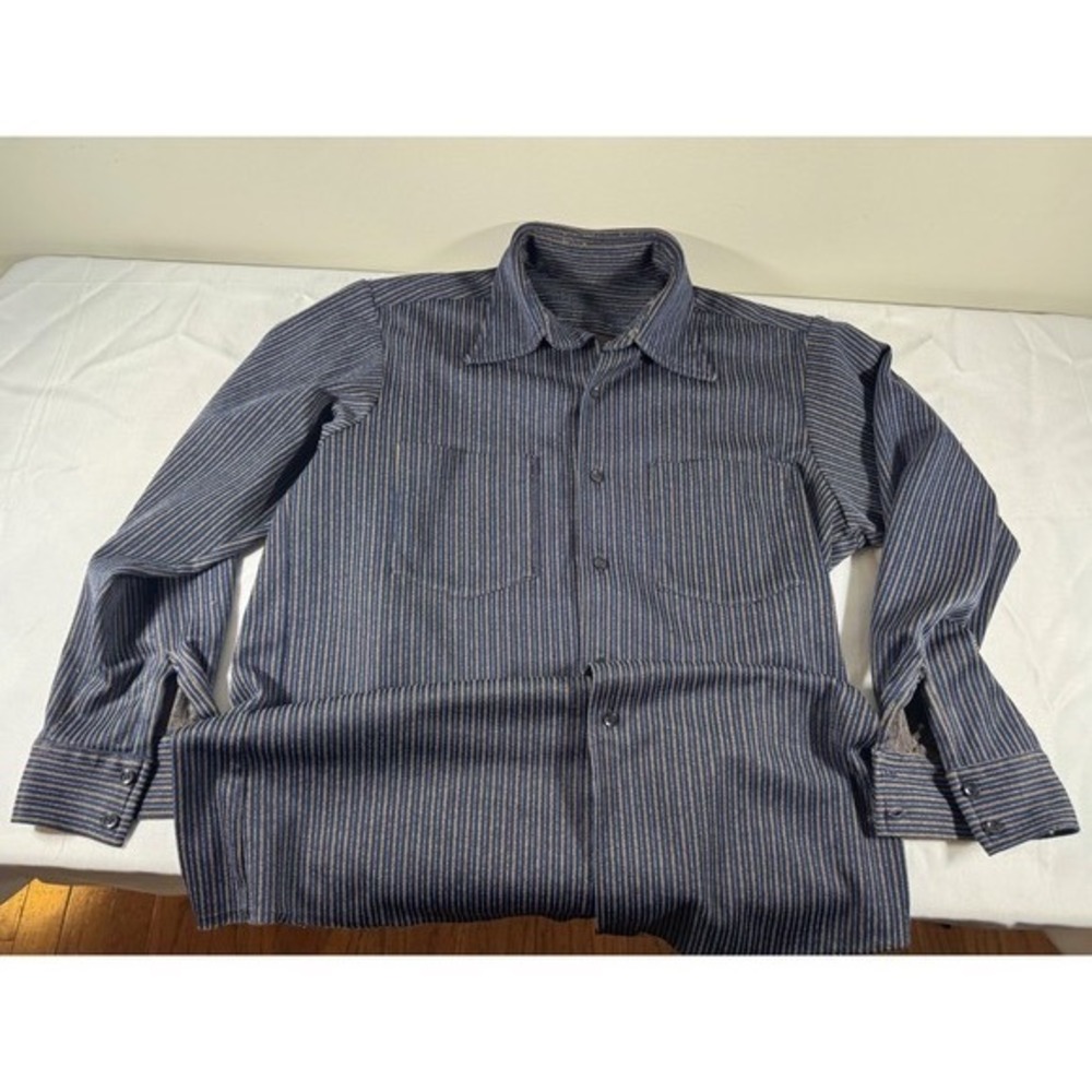 Vtg 70s Striped Work Shirt Mens Large Polyester Utility AS IS Distressed Flaw